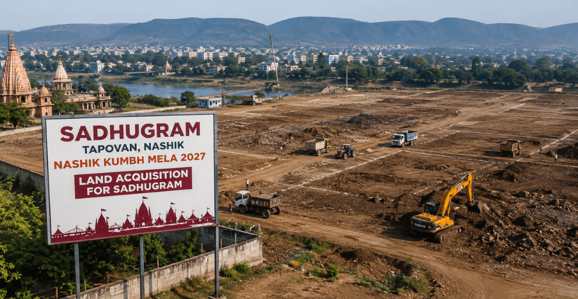 Tapovan Sadhugram land area being prepared for Nashik Kumbh Mela 2027