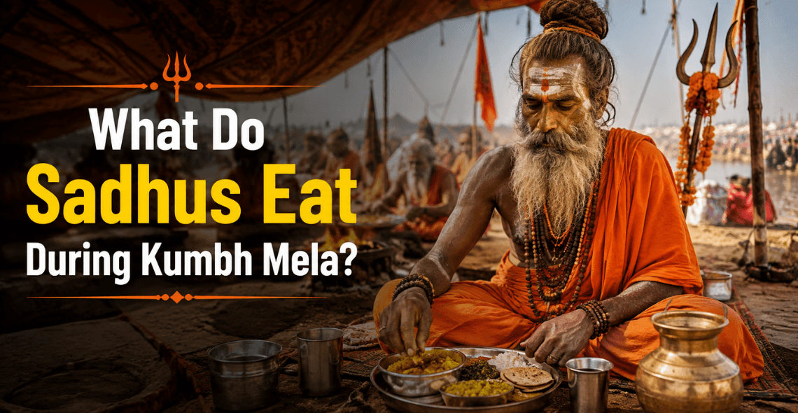 Sadhus sharing a simple meal at a Bhandara during Kumbh Mela